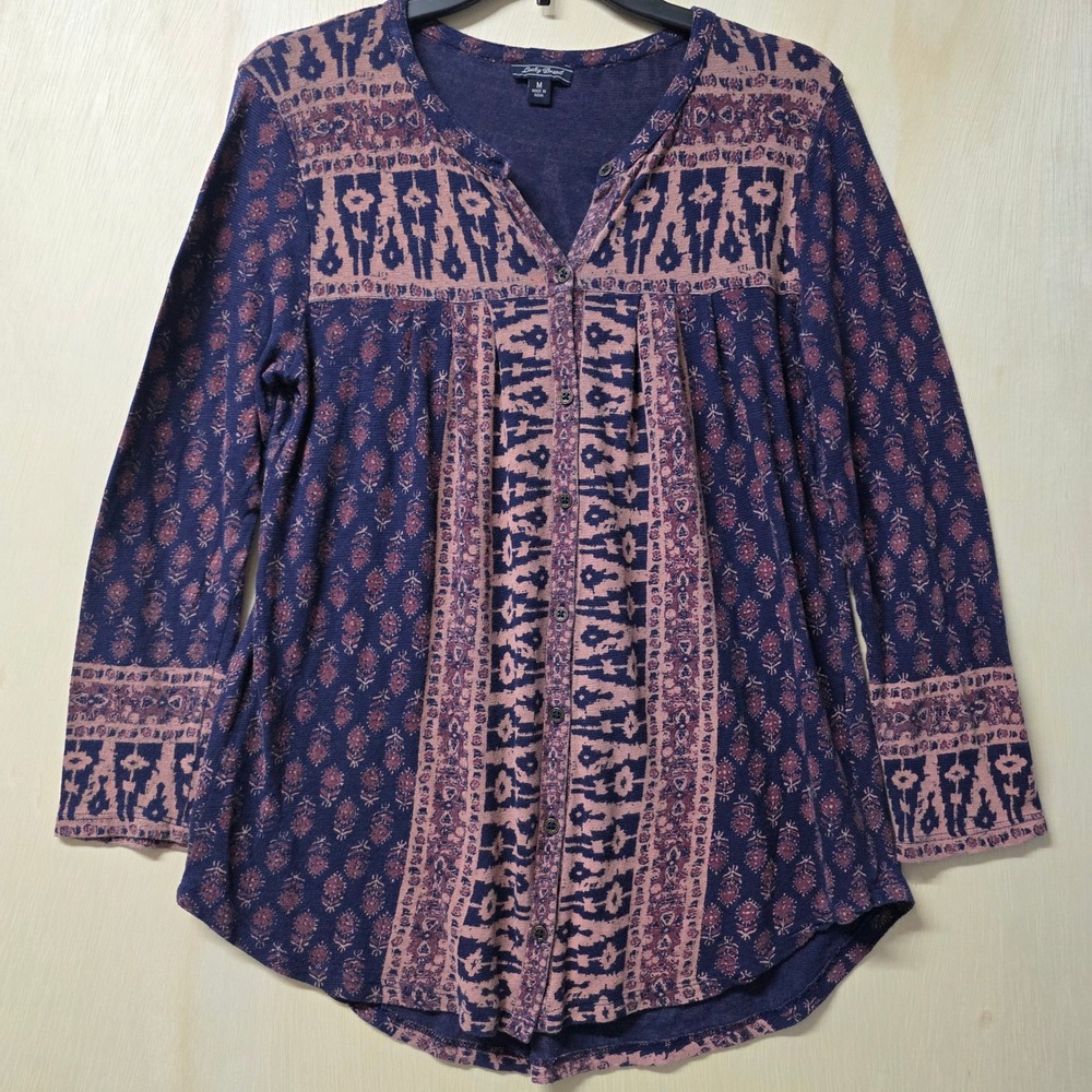 Lucky Brand Purple Ikat Floral Henley Blouse Long Sleeve Boho Top Medium - Picture 2 of 12